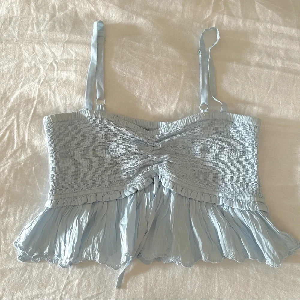 Aritzia Wilfred La Boheme Blue Babydoll Crop Top, Flowy Spaghetti Straps, Size M - Picture 4 of 7